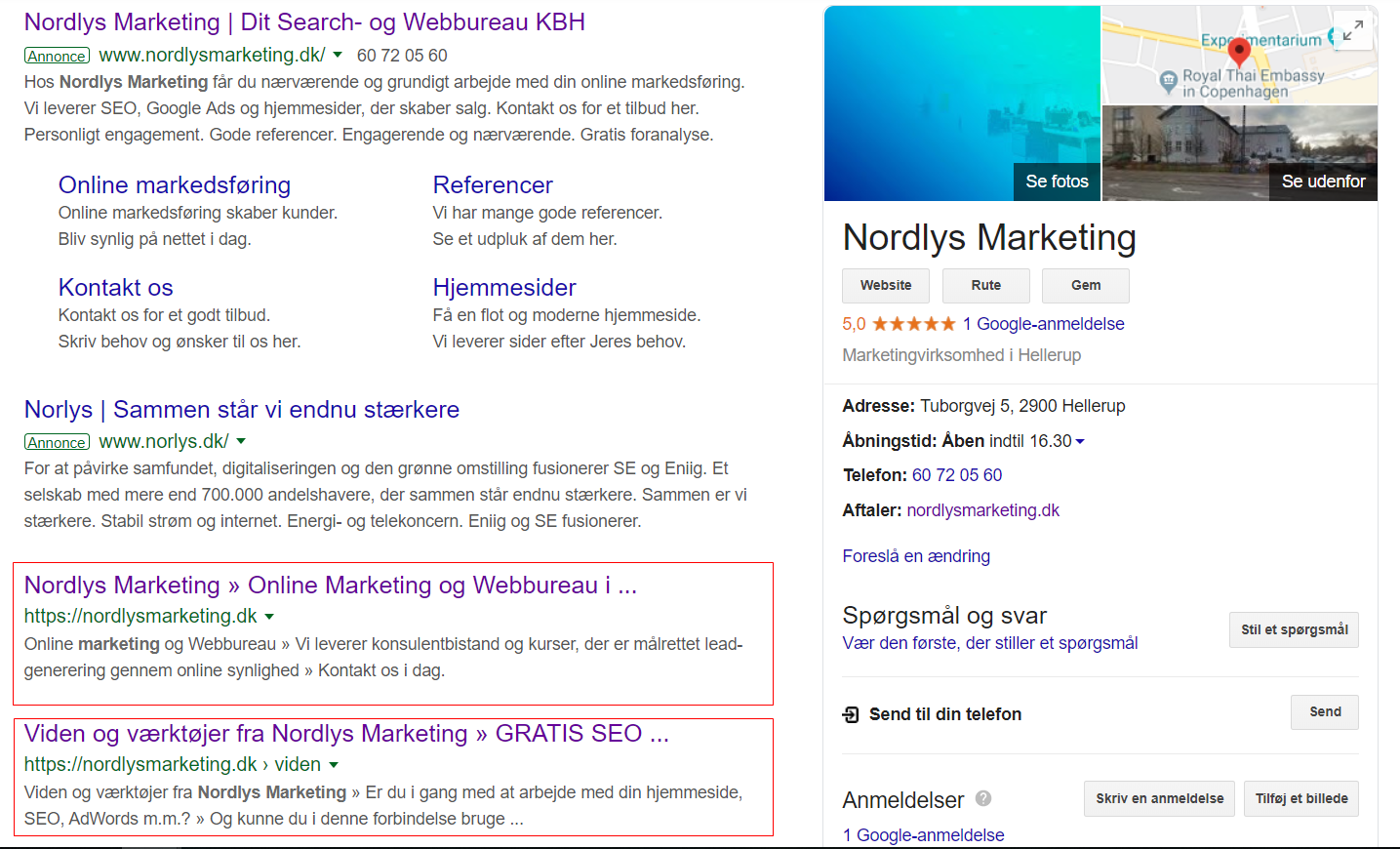 Screenshot af Google søgeresultat for Nordlys Marketing
